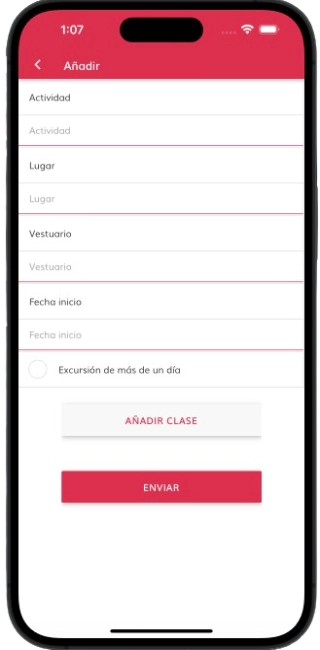 Sección excursiones de la App de comunicación para centros educativos