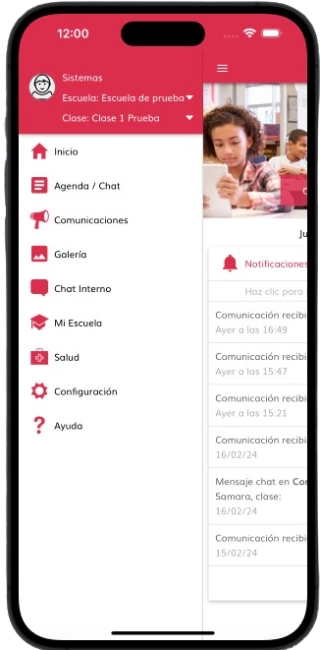 Menú despegable de la App de comunicación para centros educativos