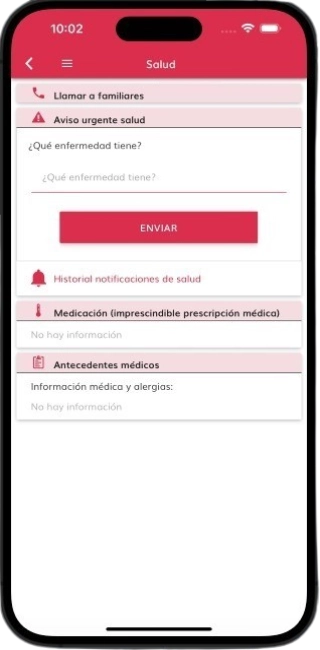 Sección salud con Información de antecedentes médicos de la App de comunicación para centros educativos